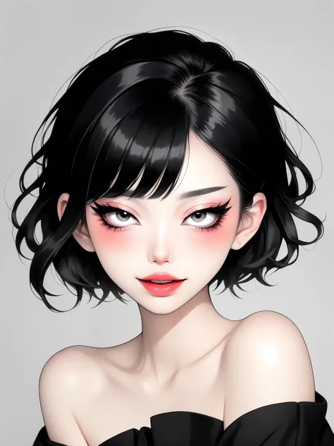 ( Best quality, sketch:1.2),Practical,Illustrator ,cunning， Japanese Cartoons , 1 girl, Delicate lips, ，Fangs，hand，hairy，Off-shoulder， Black and white gradient background,Neon Hairstyle,Texture Clipping, masterpiece,  This style is retro, Deep Black 