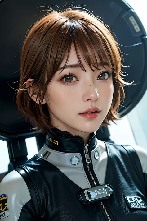 Ultra-high resolution, (Real:1.4), One beautiful woman, cyborg, Beautifully detailed eyes and skin, Light brown short hair, Full space suit, Space Station, Spaceship, Remains, Cloudy, Sci-Fi Taste, Movie quality、