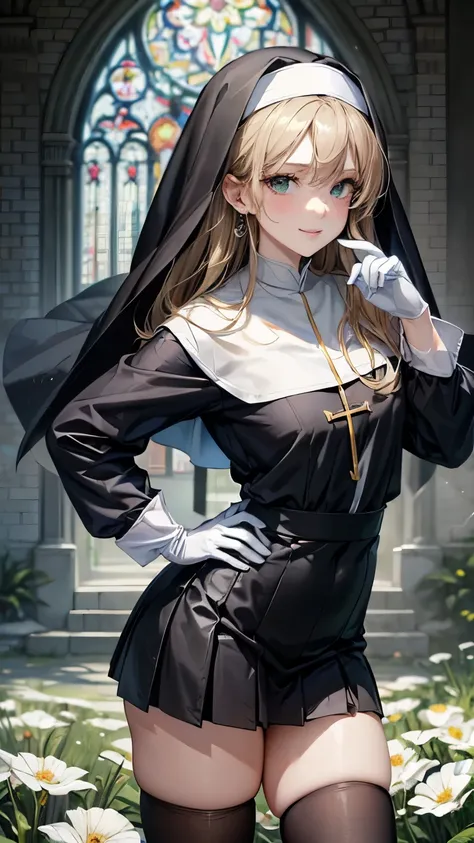  1 girl，Blonde long hair，((Hide one eye))，((Clear green eyes))，((Nun in religious garb))，((4K，8k，CG Unity，Masterpiece，masterpiece，Best Quality:1.5))，Official image，Perfectly correct anatomy，((Realistic:1.2))，Bust Up，((Staring at the camera with a gentle sm...
