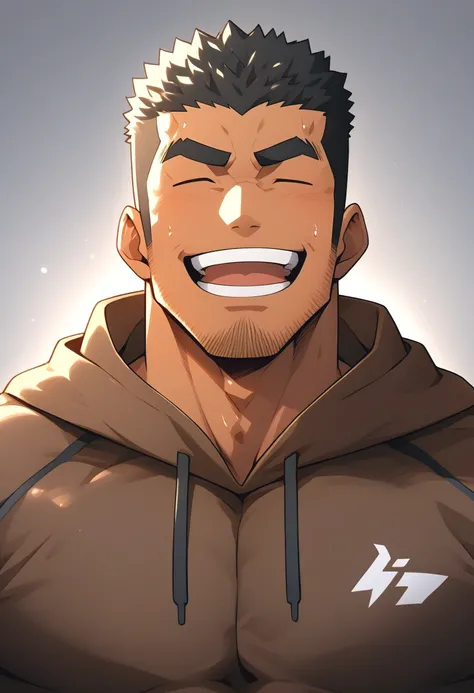 Black person, anime characters：Gyee, Young Muscle Sports Sexy Teacher, sweat, negro black skin, Manliness, male focus, Brown long-sleeved hooded sweatshirt, Wear a black high-necked tights inside, Very tight, muscular male, muscular, only, Upper body, Brow...