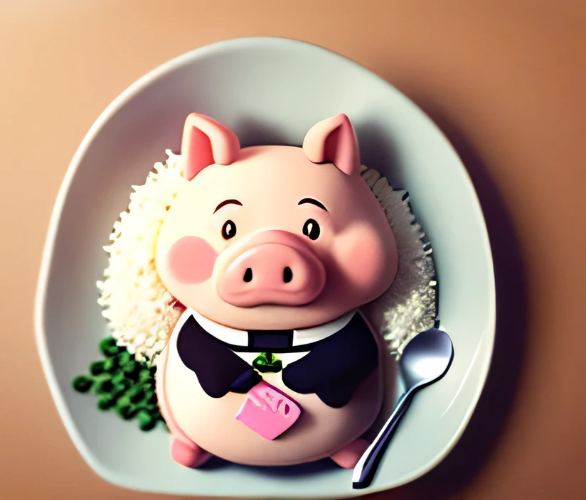 The logo of a pig holding a spoon with a fork is eating rice in a plate