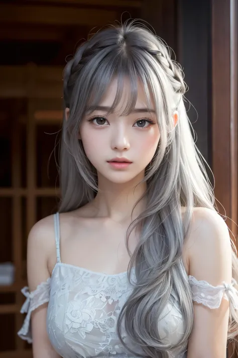 masterpiece, 8k,  Award Winning Photos , photoRealistic, Realistic, 非常にdetailed, Ultra-high resolution, Ray Trakun, ///1 person, The most beautiful, 20 years old , (sexy, Japanese Idols), (Gray Hair:1.2),///人間のdetailed つやつやした肌 , detailedな肌 , Beautifully de...