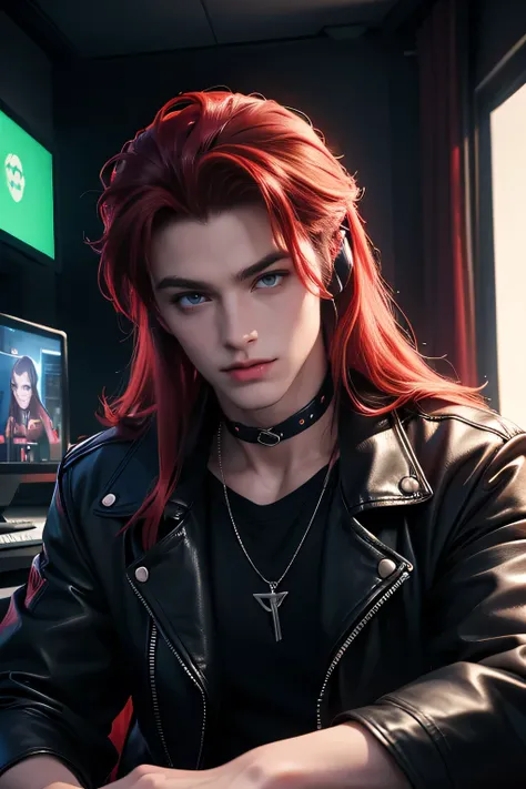 ((Best quality)), ((masterpiece)), mezcla 4, 8k (detailed), ((perfect face)) ((halfbody)), perfect proporcions, 18 years, he is a handsome gamer boy, vampire gamer, gamer headphones, he smile, he has long red hair, choker, gothic makeup, He wears a black t...