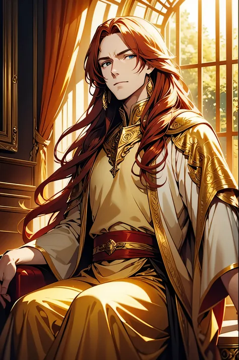 Tall man with long golden red hair and striking Golden eyes sitting on a golden thrown with the sun in the background