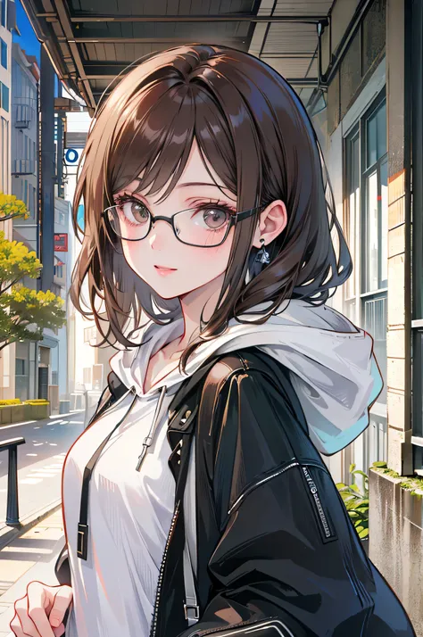 (8k, Best Quality, masterpiece: 1.2)(Realistic, photo Realistic: 1.37)One girl, pale,Glasses, Brown Hair,  black eyes, smile,  hoodie