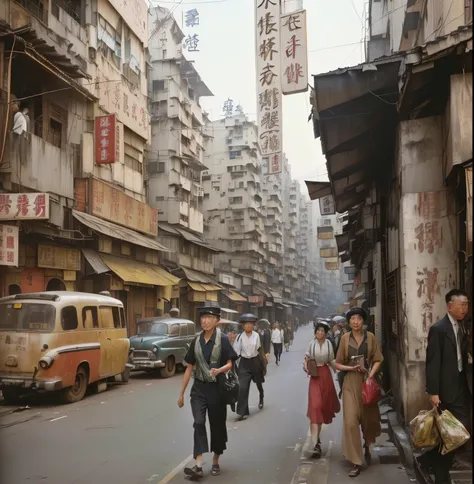 people walking down a street in a city with many signs, hong kong 1 9 5 4, a still of kowloon, kowloon walled city style, kowloon walled city, kowloon, old color photograph, street of hong kong, vintage footage on tokyo streets, 1960s color photograph, vin...