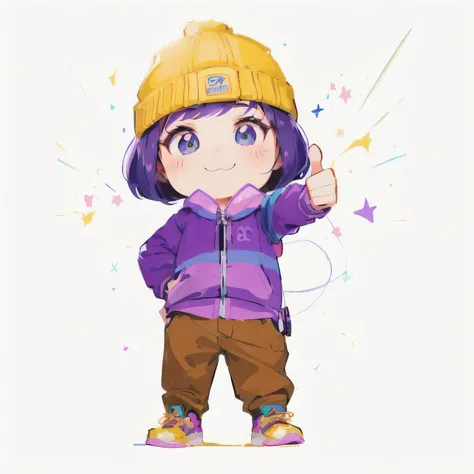  cartoon girl wearing a hat and purple jacket give a thumbs up, Cute cartoon characters, Female Explorer Mini Cute Girls, Cute cartoon style, Lovely characters, Wearing a purple hat, Cartoon style illustration, Cartoon cute , Character with hat, Animated C...