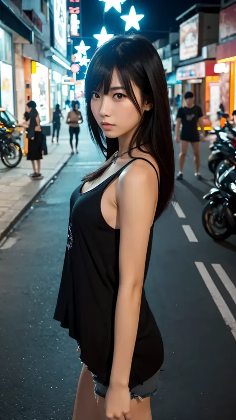 A beautiful Asian woman wearing a black, star-shaped, rock-style tank top is standing in the middle of a street in Yaowarat at night. There are no people around. Realistic image, high image detail.