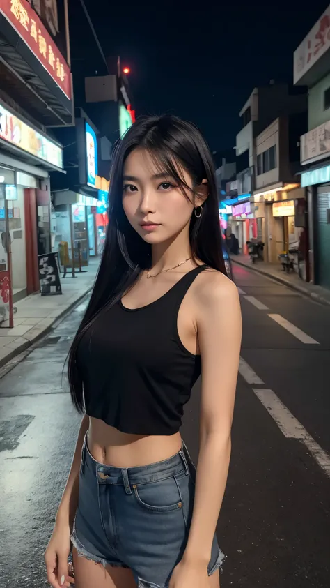 A beautiful Asian woman wearing a black, star-shaped, rock-style tank top is standing in the middle of a street in Yaowarat at night. There are no people around. Realistic image, high image detail.