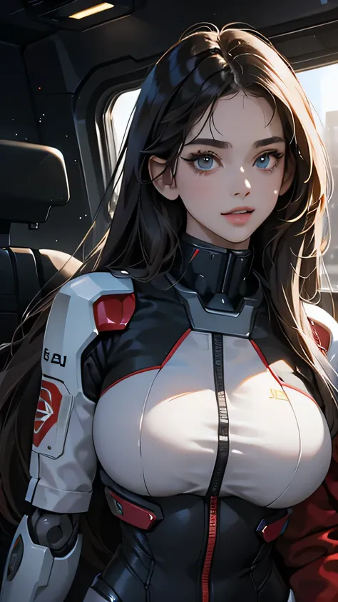 ((Highest quality)), ((masterpiece)), 8K quality, (detailed), High Resolution Skins:1.3, Realistic skin texture, full body, slim figure, (smile), close mouth, Natural Makeup, fluffy long hair, Messy Hair, Looking at Viewer, (Upper body from thighs up), sha...