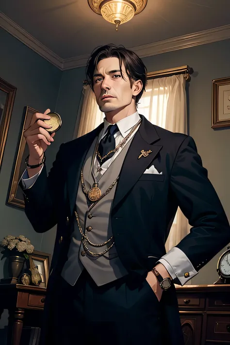 A man crowns , between 45 and 50 years old,  but not too finished with dark gray overcoat in a Victorian-era setting, with a gold pocket watch ,  that he is holding in his hand with the chain wrapped around his wrist and hand.  He can use supernatural powe...