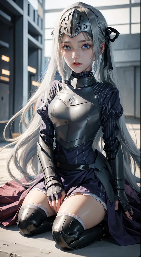 1girl, armor, armored_dress, blue_eyes, blurry, breastplate, depth_of_field, faulds, gauntlets, greaves, hair_ribbon, holding, long_hair, looking_at_viewer, ribbon, sitting, solo, thighhighs, vambraces, very_long_hair, visor_(armor)