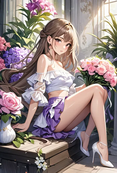 Full body, sexy seductive beautiful Asian woman with long light brown hair flowing down, purple-white mini skirt with sheer ruffles, white high heels and a tube top. Flowers, in his hands is a large bouquet. Chromatic combination of art oil painting textur...