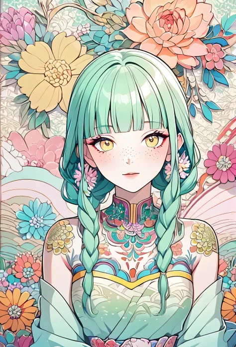 A mesmerizing surreal illustration of a young japanese woman. She has pastel green hair with blunt bangs, yellow eyes, and wears a vibrant pastel colored outfit adorned with intricate floral patterns. Freckles dot her smooth, warm complexion, and bold, col...