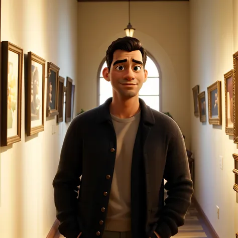 arafed man standing in a hallway with paintings on the wall, irt gallery], portrait of a museum art curator, museum photoshot, in the gallery, mixed art, irt gallery, inspired by Pablo Carpio, in a museum, inspired by Jorge Jacinto, inspired by Byron Galve...