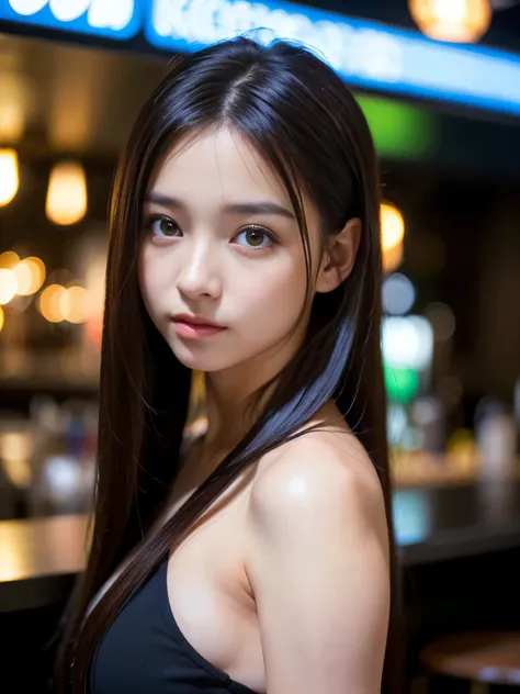 (Best-quality, Masterpiece, Ultra-High-Resolution, (Photorealistic:1.4), Raw Photo, depth of field, professional lighting),
at bar, 
1girl, (((15-year-old))), the most famous Japanese idol, looking at viewer, (((grinnig))),
(wearing extremely realistic eve...