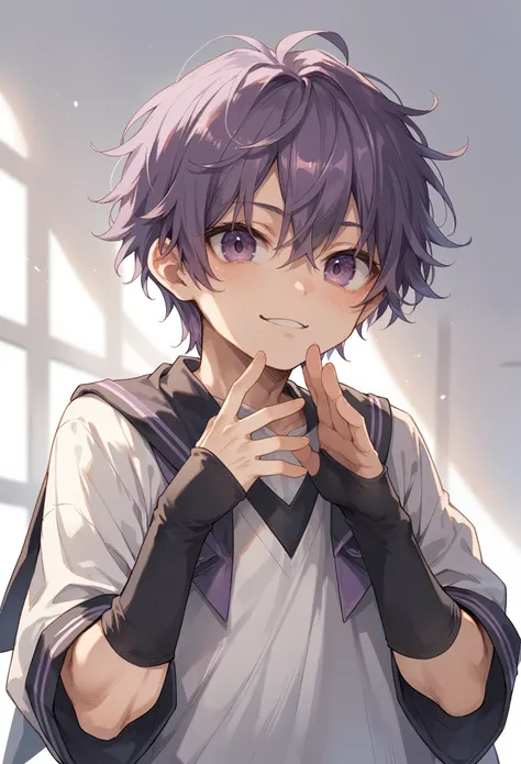 boy, cute, short messy hair, purple hair, purple eyes, black arm warmers, school scenario, dinamic pose