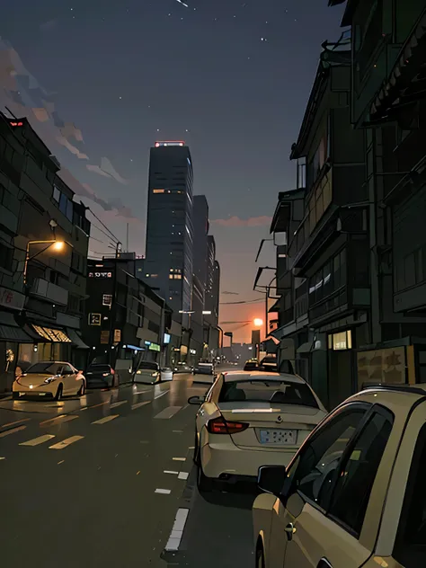  car parked on the side of the road at night,  on dusk , Golden hour in Beijing, Filming, Use Sony Alpha 9 , evening,  8K 50 mm ISO 10 , City sunset night,  city street using Sony A7R camera, Late summer evening , dusk, City sunset,  city street dusk ,  24...