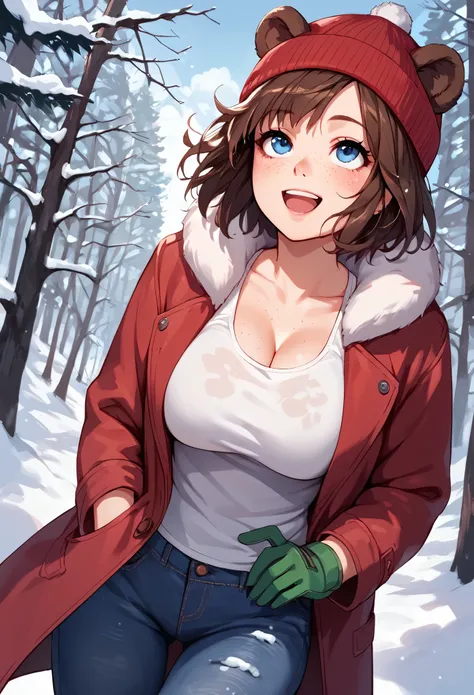 score_9_up, score_8_up, score_7_up, 1girl, solo, source_anime, hourglass figure, Big breasts, kemonomimi, bear ears, brown hair, short hair, messy_hair, blue eyes BREAK freckles, winter coat, red coat, denim pants, red beanie, white tank top, green gloves,...