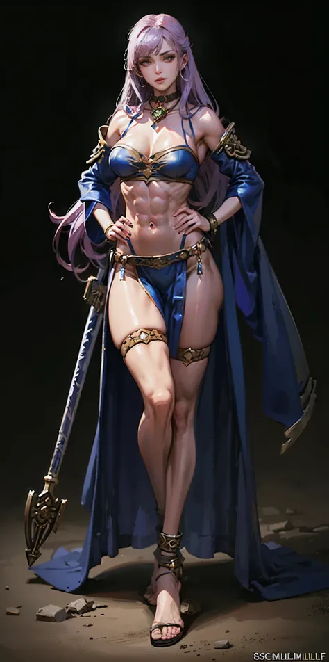 full body toe to head, masterpiece, 1soloMILF BIMBO standing loincloth pose hands on hips, leather collar choker neck bell shackles wristbands bracers bracelets sleeves and stockings, strong body, abs, shiny skin (masterpiece, best quality) 1girlsolo weari...