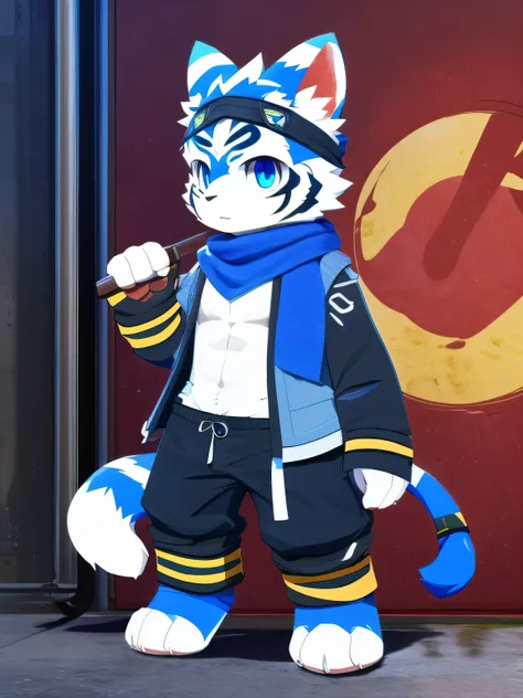 Single，nj5furry，kemono，full-length portrait，anthro，hi res，male，Blue Tiger，Blue fur，strong，Fluffy hair，warrior，blue headband，Blue scarf，Blue Jacket，Blue shorts，shin guard，A tail， white plush paws， Blue Eyes ， meticulous eyes，A detailed eye