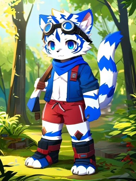 Single，nj5furry，kemono，full-length portrait，anthro，hi res，male，Blue Tiger，Blue fur，strong，Fluffy hair，warrior，blue goggles ，Blue scarf，Blue Jacket，Blue shorts，A tail， white plush paws， Blue Eyes ， meticulous eyes，A detailed eye