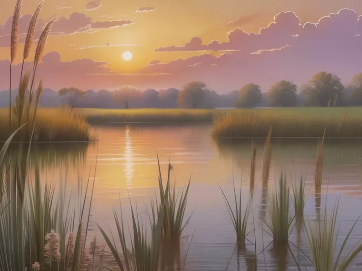 painting of a lake with reeds and a sunset in the background, a pastel by Harold Sandys Williamson, flickr, tonalism, by rainer hosch, steven outram highly detailed, bullrushes, reeds, steven outram, muted water color, peter sculthorpe, small reeds behind ...