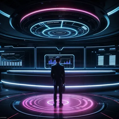 A futuristic business environment with a cinematic feel, showing a professional analyzing data on a holographic display. The setting should be sleek and modern, featuring advanced technology like floating graphs and digital interfaces, with an emphasis on ...