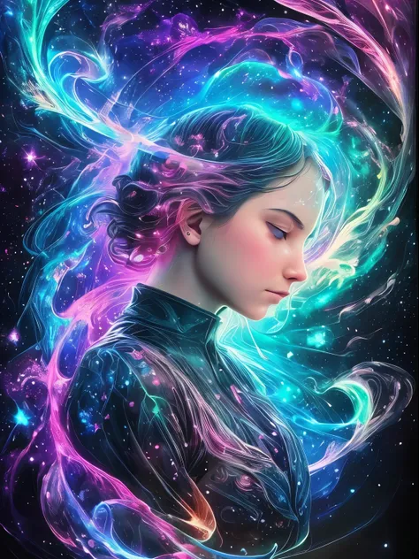 inconceivable and spectacular a scene of emergence of a figure crying from the glowing cloud, shining heart, tears, fear, flowing, bioluminescent skin, fractal nebula threads, iridescent, rain, cosmic entities, celestial, cosmic, transparent, vibrant and v...