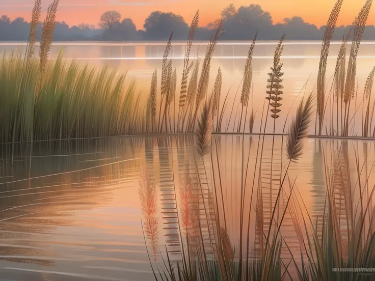 painting of a lake with reeds and a sunset in the background, a pastel by Harold Sandys Williamson, flickr, tonalism, by rainer hosch, steven outram highly detailed, bullrushes, reeds, steven outram, muted water color, peter sculthorpe, small reeds behind ...