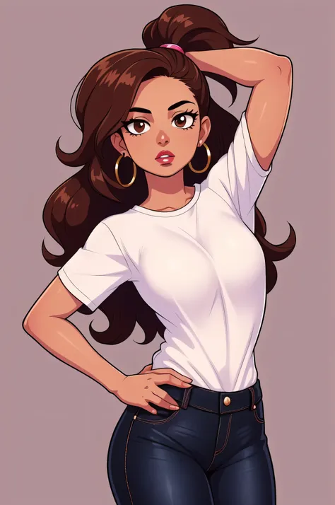 hotify,parted lips,tan skin,dark tan skin, latina girl, tight undersized pink t-shirt,check copyright,1girl,wavy hair,red-lipstick, round hoop earrings, bubbly, female,brown_hair,hair ponytail,non-web source,brown eyes,simple, almond sharp eyes, background...