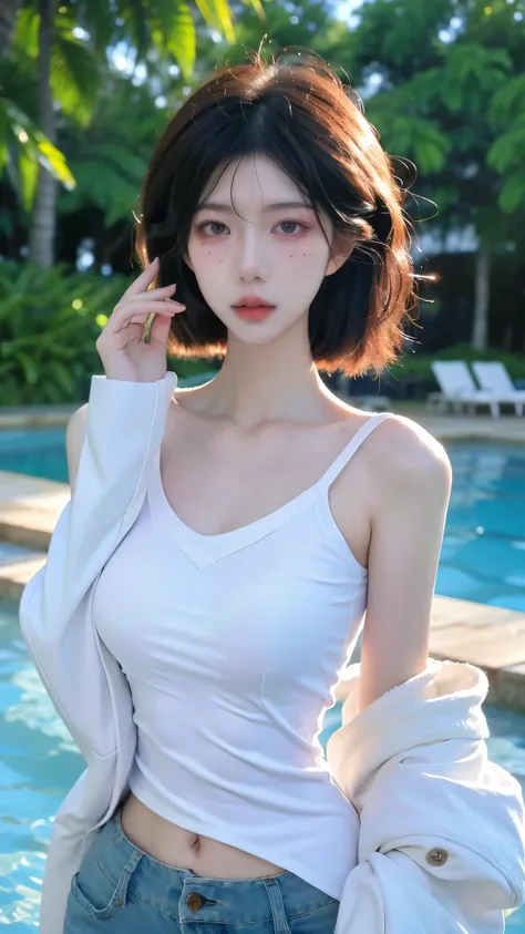 High quality，2k，Beautiful woman，Whole body：1.6，（（Imagine：1.4）），In the sea of flowers，Skinny jeans：1.6，Big breasts：1.6，包裹Big breasts的短袖，Swimming pool background，Snow-white and clear skin，Cold and ruthless expression，Obvious vest line，Have a perfect body：1.4...