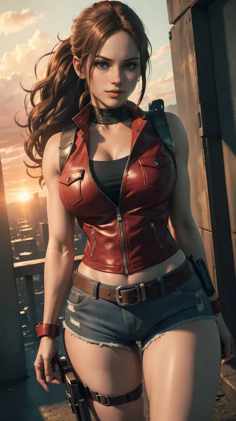 Claire redfield da resident evil,(best quality, 4K,8k,high resolution,work of art:1.2)(weather: sunset), city ruins background, police station, wide hips, long curly hair, short ponytail hair, brown hair, freckles, sleeveless top, short sleeve red jacket, ...