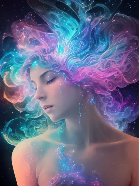 inconceivable and spectacular a scene of emergence of a figure crying from the glowing cloud, shining heart, tears, fear, flowing, bioluminescent skin, fractal nebula threads, iridescent, rain, cosmic entities, celestial, cosmic, transparent, vibrant and v...