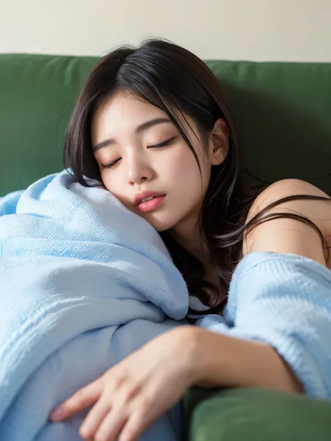 (Best-quality, Masterpiece, Ultra-High-Resolution, (Photorealistic:1.4), Raw Photo, depth of field, professional lighting),
At office, 
(1girl, (((15-year-old))), the most famous Japanese idol), 
(((on sofa, sleeping, lying, wrapped in blanket))),  
((((ex...