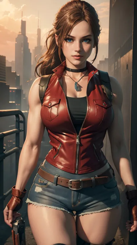 Claire redfield da resident evil,(best quality, 4K,8k,high resolution,work of art:1.2)(weather: sunset), city ruins background, police station, wide hips, long curly hair, short ponytail hair, brown hair, freckles, sleeveless top, short sleeve red jacket, ...