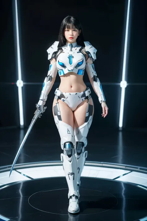 a woman in a futuristic suit with a sword,full-size photograph,long legs, slightly chubby,navel,transparent skin,perfect body sh...