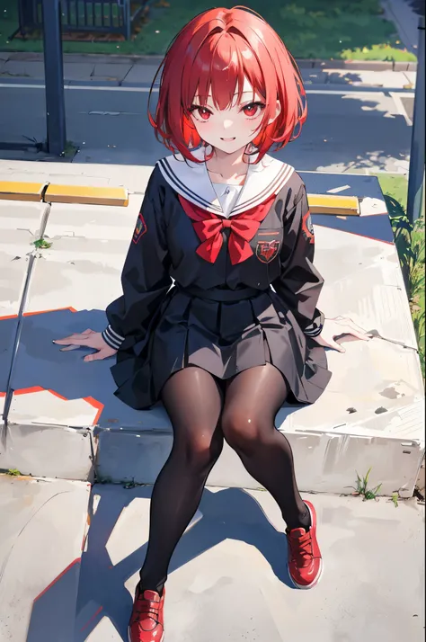  angle from above ,Height: 158cm,18 years old,Slightly reddish short hair,Red eyes,slim, cute girl ,whole body,In the schoolyard,Park bench,Smiling face, anatomically correct, Attention to Details,Super detailed,Ultra-high resolution, textured skin,masterp...