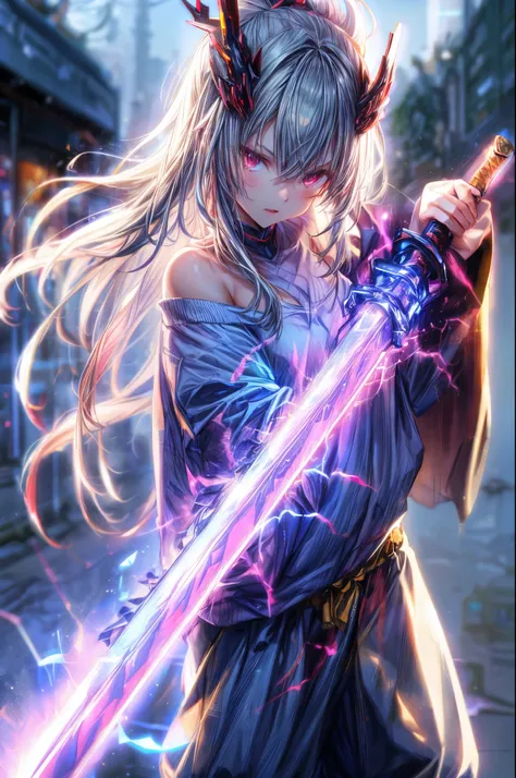 ((Masterpiece: 1.2), CG, 2.5D, Dragon Samurai Girl, holding a thick and long sword, extending towards you, the tip of the sword pointing towards the viewer, covered in neon light and lightning effects Sword. A silver-haired girl with a large forehead. She ...