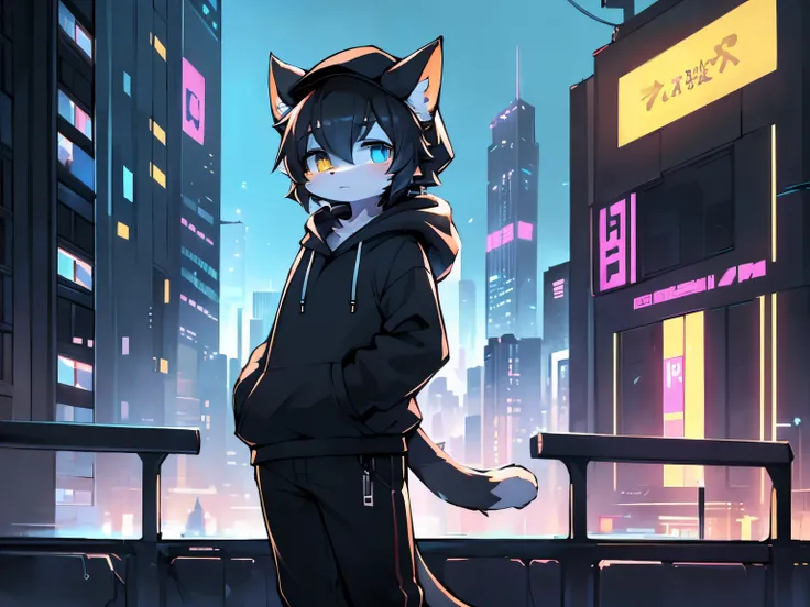 Masterpiece, detailed eyes, (shaded), (detailed lighting), (cinematic lighting), high resolution, high details, best quality), high definition, ((Kemono, solo, cat, male, white and black hair, two tone eyes, blue eyes, yellow eyes, wear black hoodie, wear ...