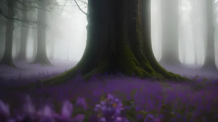 a close up of a tree in a field with fog, beautiful misty wood, misty wood, lpoty, purple fog, misty atmosphere, misty forest scene, purple mist, (mist), misty garden, light purple mist, mist, misty mood, fog, misty weather, shrouded in mist, woodland, mis...