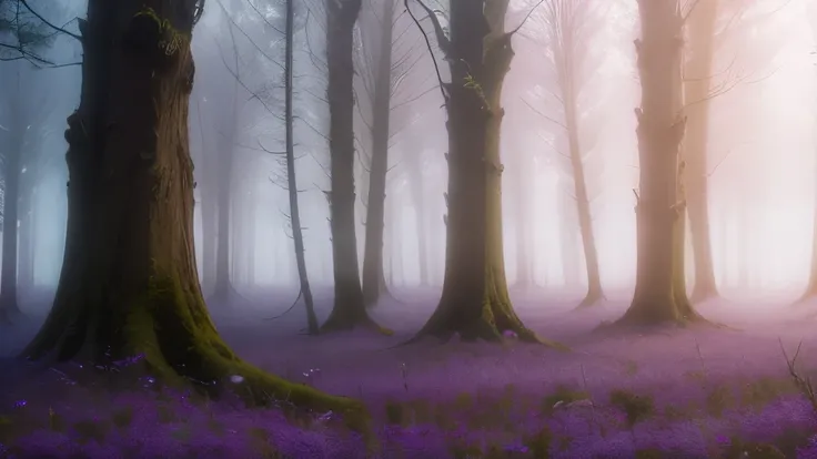 a close up of a tree in a field with fog, beautiful misty wood, misty wood, lpoty, purple fog, misty atmosphere, misty forest scene, purple mist, (mist), misty garden, light purple mist, mist, misty mood, fog, misty weather, shrouded in mist, woodland, mis...