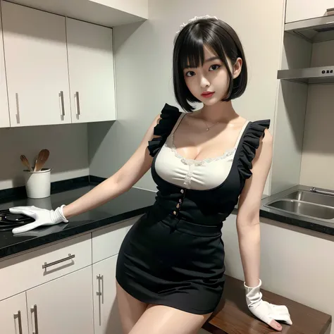 realistic, a maid, korean girl, japanese bob cut hair, beautiful bang, maid uniform, sleeveless (in kitchen), short skirt, seducing pose, sleeveless, maid uniform , cleavage, maid hair ornament, painting on wall, gloves, belly slightly expose, medium chest...