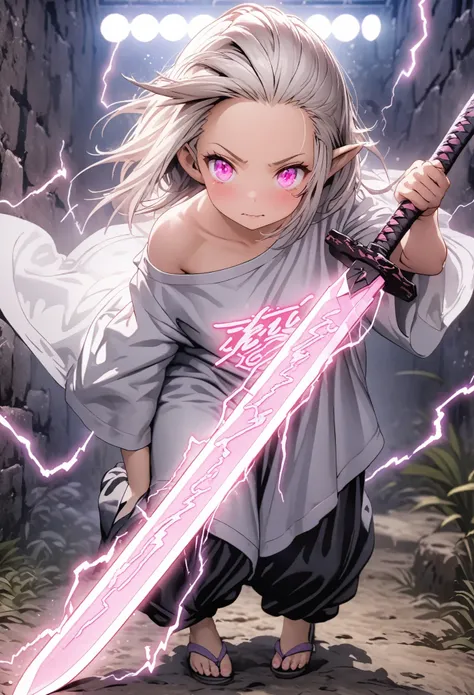 ((Masterpiece: 1.2), CG, 2.5D, Dragon Samurai Girl, holding a thick and long sword, extending towards you, the tip of the sword pointing towards the viewer, covered in neon light and lightning effects Sword. A silver-haired girl with a large forehead. She ...