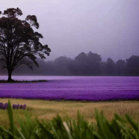 a close up of a tree in a field with fog, a picture by Jonathan Solter, pixabay, romanticism, beautiful misty wood, misty wood, lpoty, purple fog, misty atmosphere, misty forest scene, purple mist, (mist), misty garden, light purple mist, mist, misty mood,...