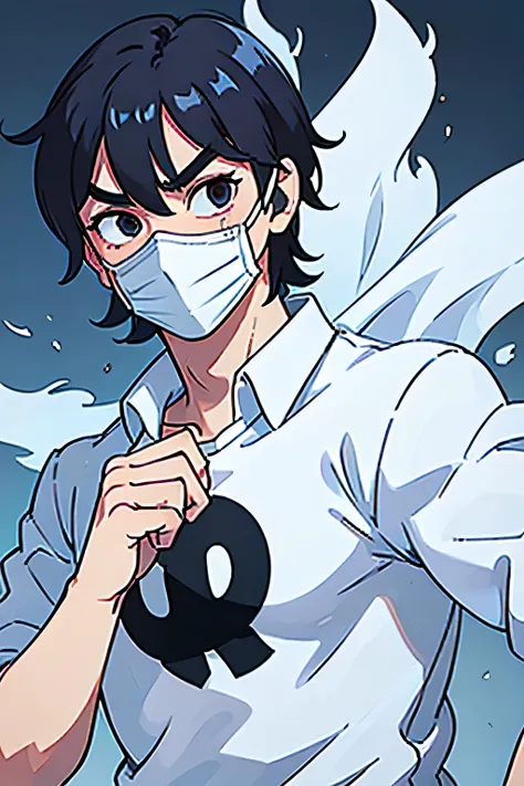 I want a completely blank person wearing a mask that creases all over his face raising a hand to show something man 
solo, A little muscular manga version
