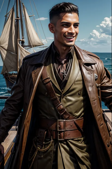 masterpiece, best quality, extremely detailed, hyperrealistic, photorealistic, a wild 20s man, tanned skin, ultra detailed face:1.2, dark brown pirates coat, army uniform, buzz cut, dark brown hair, laughing, ship, sea