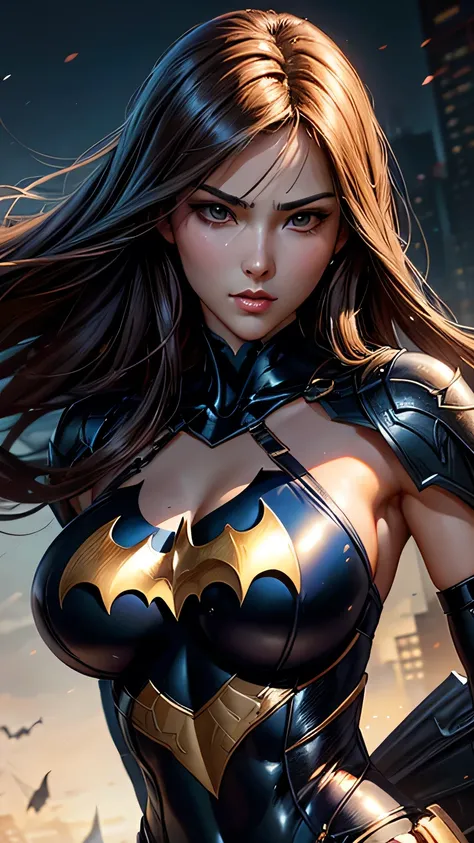 wgz style、Highly detailed beautiful woman portrait、Perfect female face、Classical Oil Painting、Masamune Shirow、William Tae Kim、 dynamic pose､batman costume