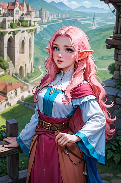 Woman, long wavy hair, blue eyes, pink hair, elf, looking at view, adventurous, brown clothes, outfits, looking at city,Medieval