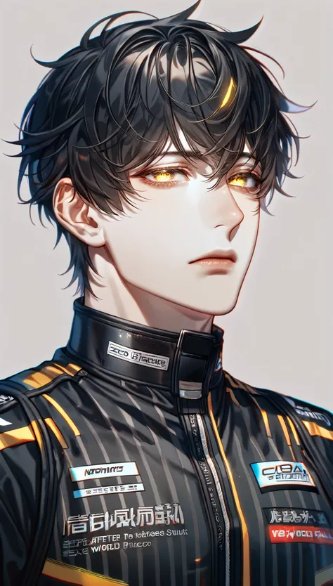 absurdres, highres, ultra detailed, HDR) master piece, best quality, extremely detailed, delicated features, Jaehwan, (black hair), hair that parts just above his left eye, (expressive yellow eyes), Code Zero, The World After The Fall, (solo), sexy man, ha...